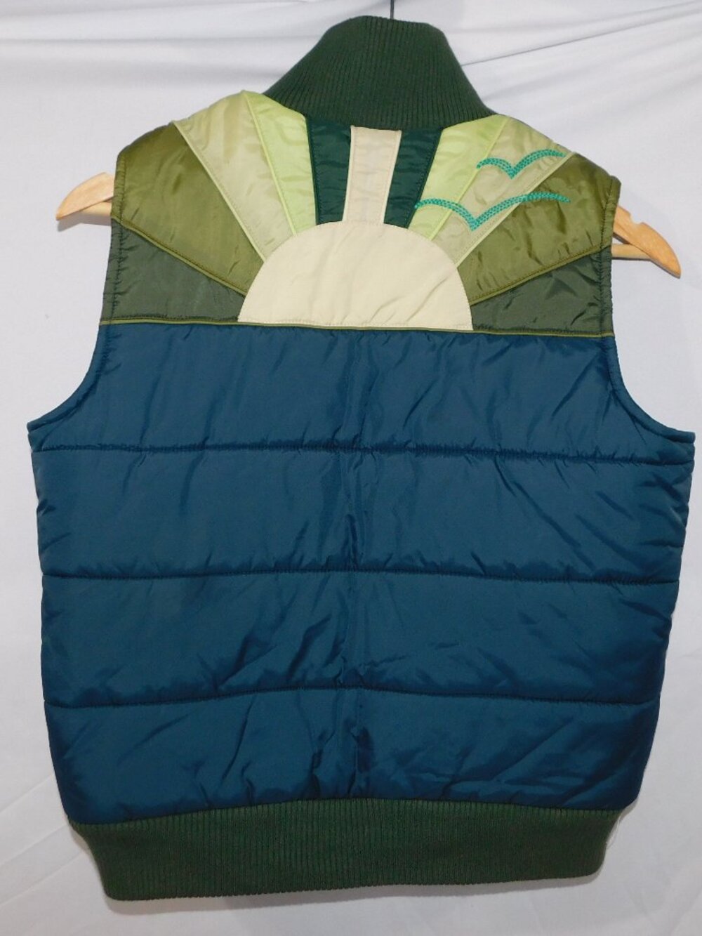 VTG Y2K ROXY Blue Green Puffer Vest Sunrise Sunburst Womens M Full Zip Retro